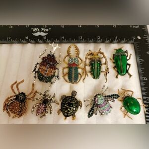Lot of 9 Vintage Style Insect Brooches: Rhinestone Beetles, Spider, Bee, Turtle